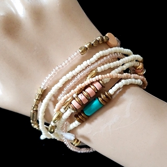 Vintage Boho Turquoise Coral Goldtone Beaded Stackable Stretch Bracelet Set - Picture 13 of 16